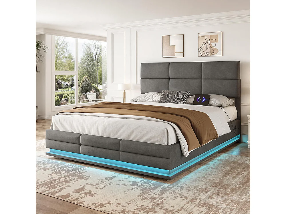 Lit coffre 160x200 lit rembourré en velours avec charge USB-C et éclairage LED lit en métal avec suspension hydraulique gris