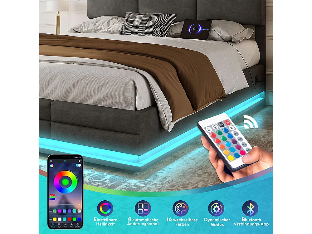 Lit coffre 160x200 lit rembourré en velours avec charge USB-C et éclairage LED lit en métal avec suspension hydraulique gris