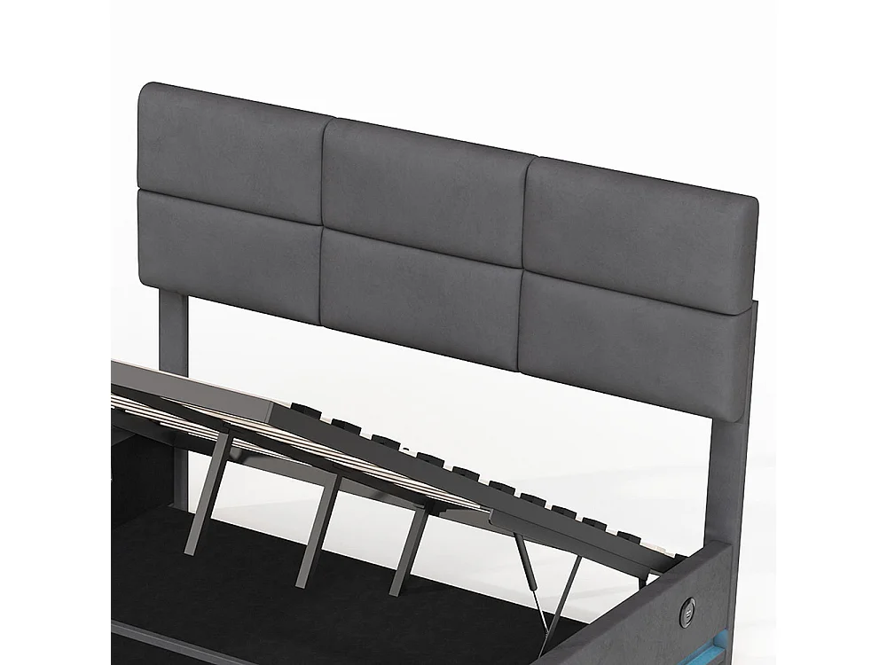 Lit coffre 160x200 lit rembourré en velours avec charge USB-C et éclairage LED lit en métal avec suspension hydraulique gris