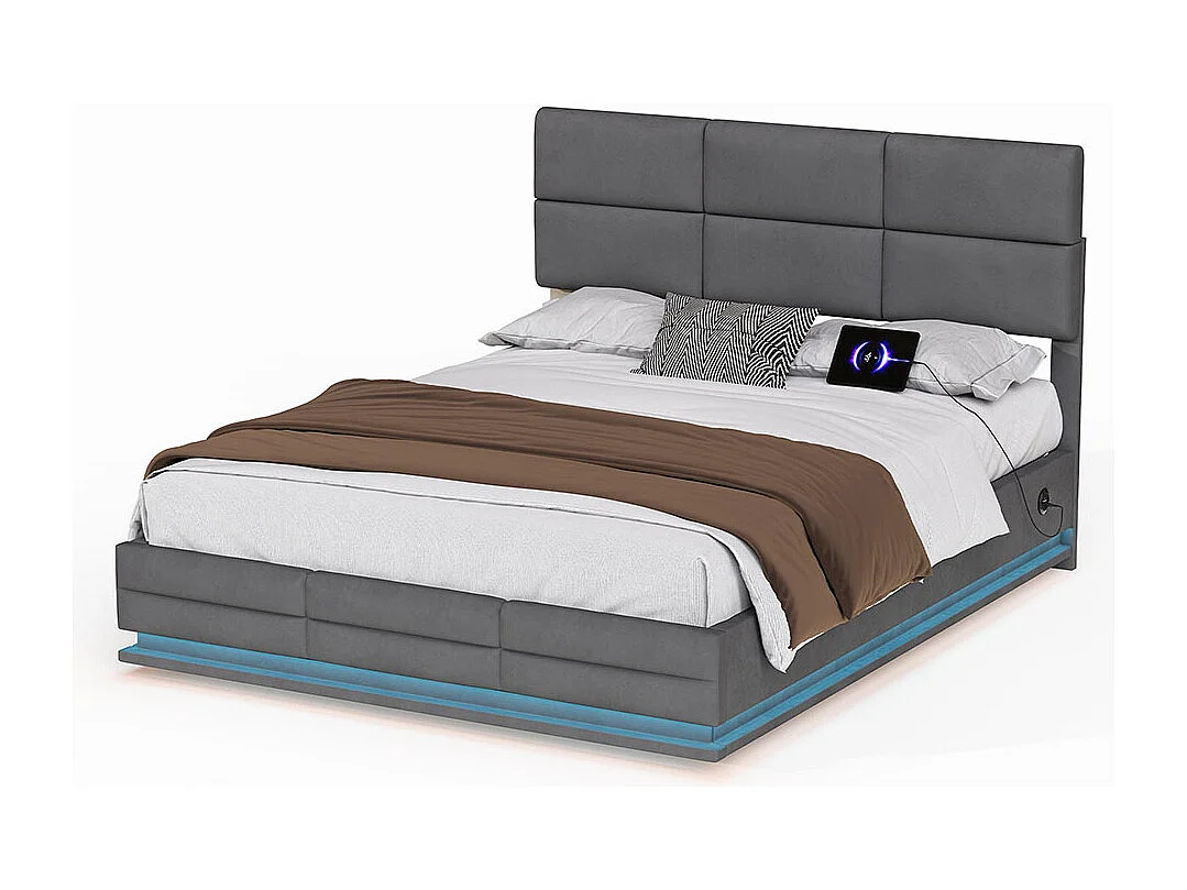 Lit coffre 160x200 lit rembourré en velours avec charge USB-C et éclairage LED lit en métal avec suspension hydraulique gris