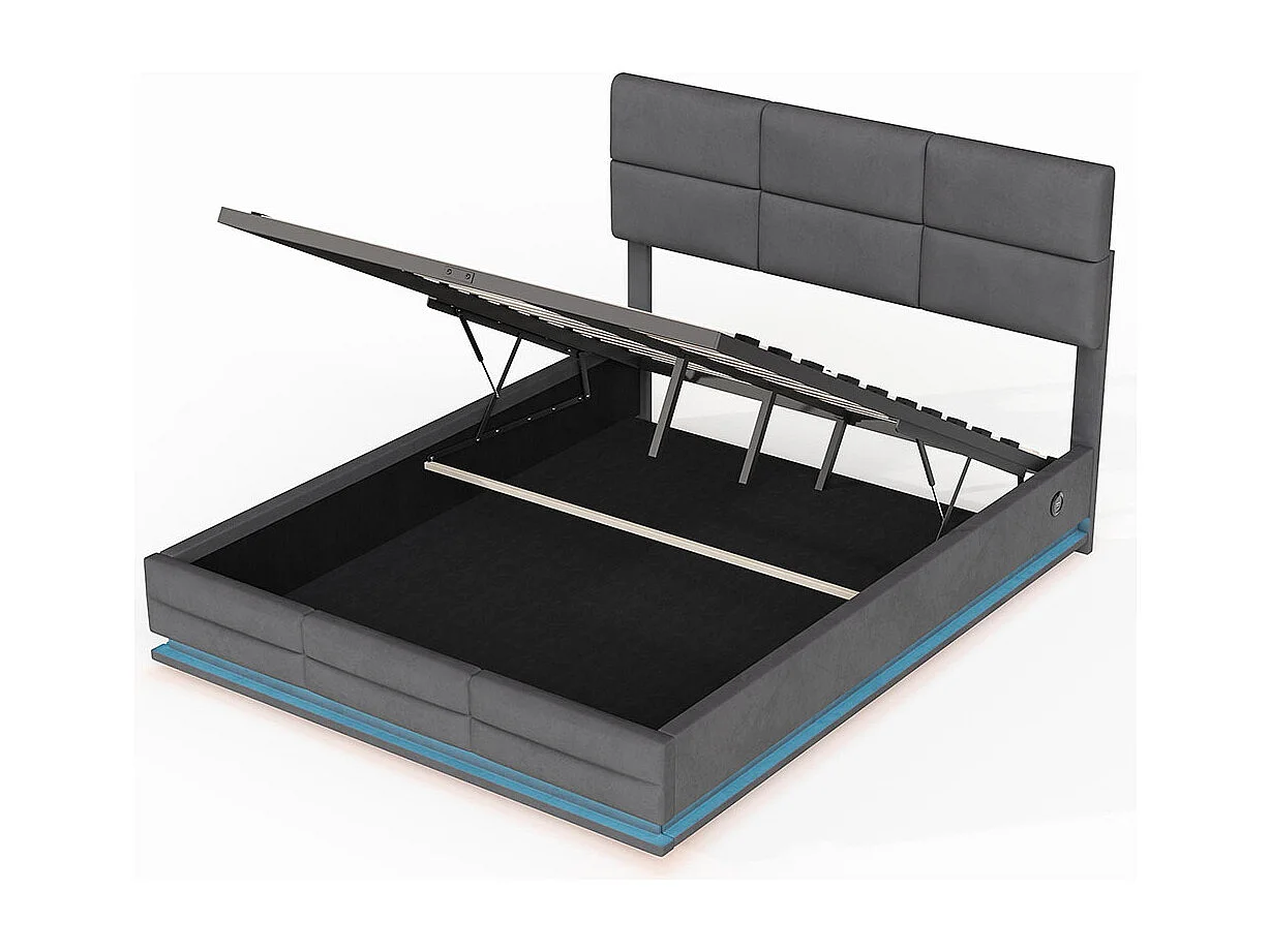 Lit coffre 160x200 lit rembourré en velours avec charge USB-C et éclairage LED lit en métal avec suspension hydraulique gris