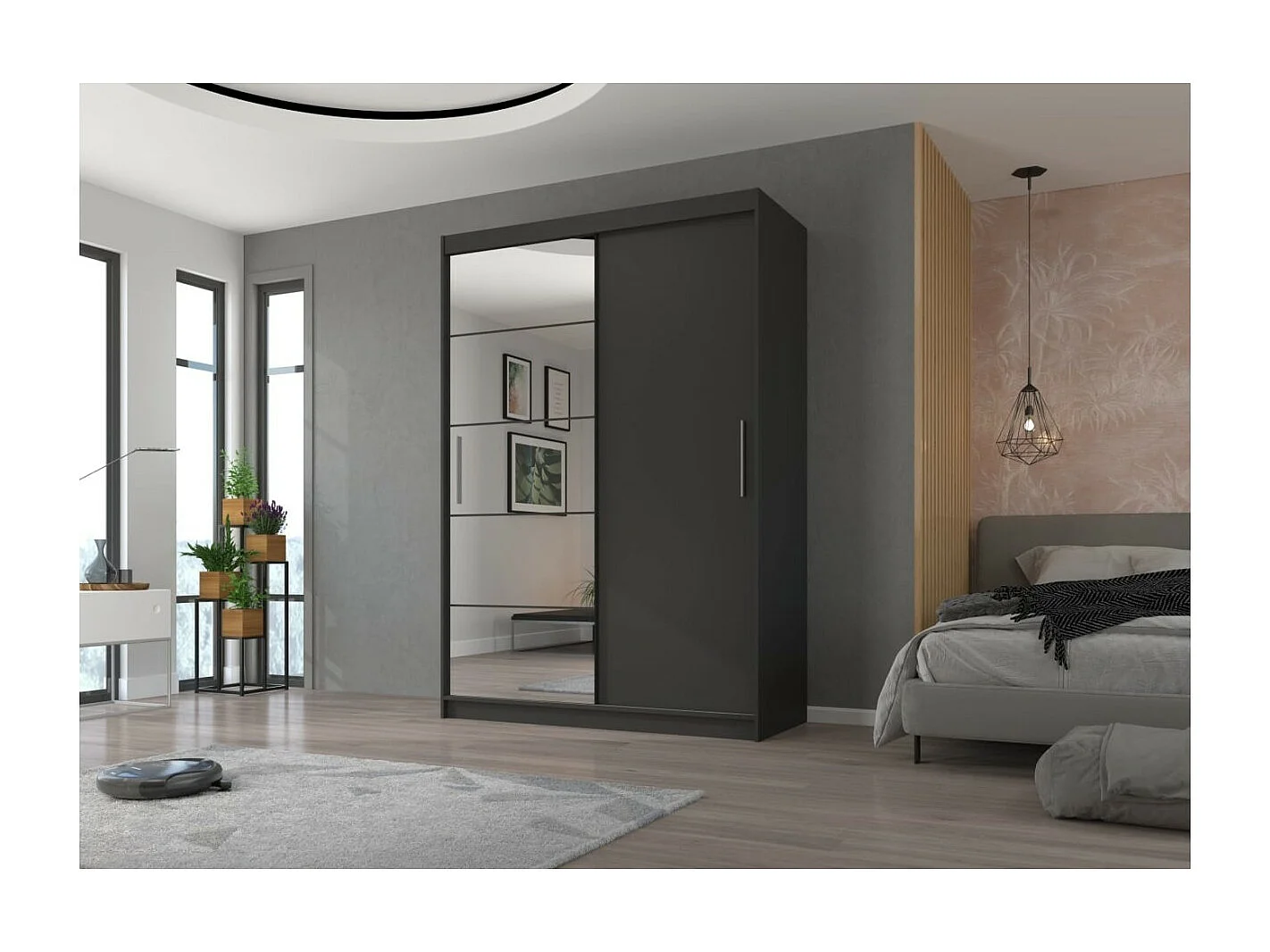 Armadio Etta (150cm)/ante scorrevoli/specchio/Grigio