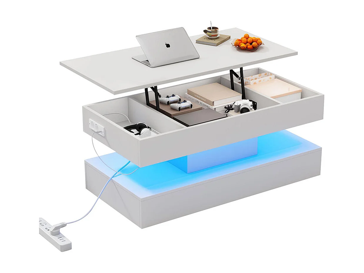 Table basse avec éclairage LED et espace de rangement moderne caché table d'appoint à élévation hydraulique