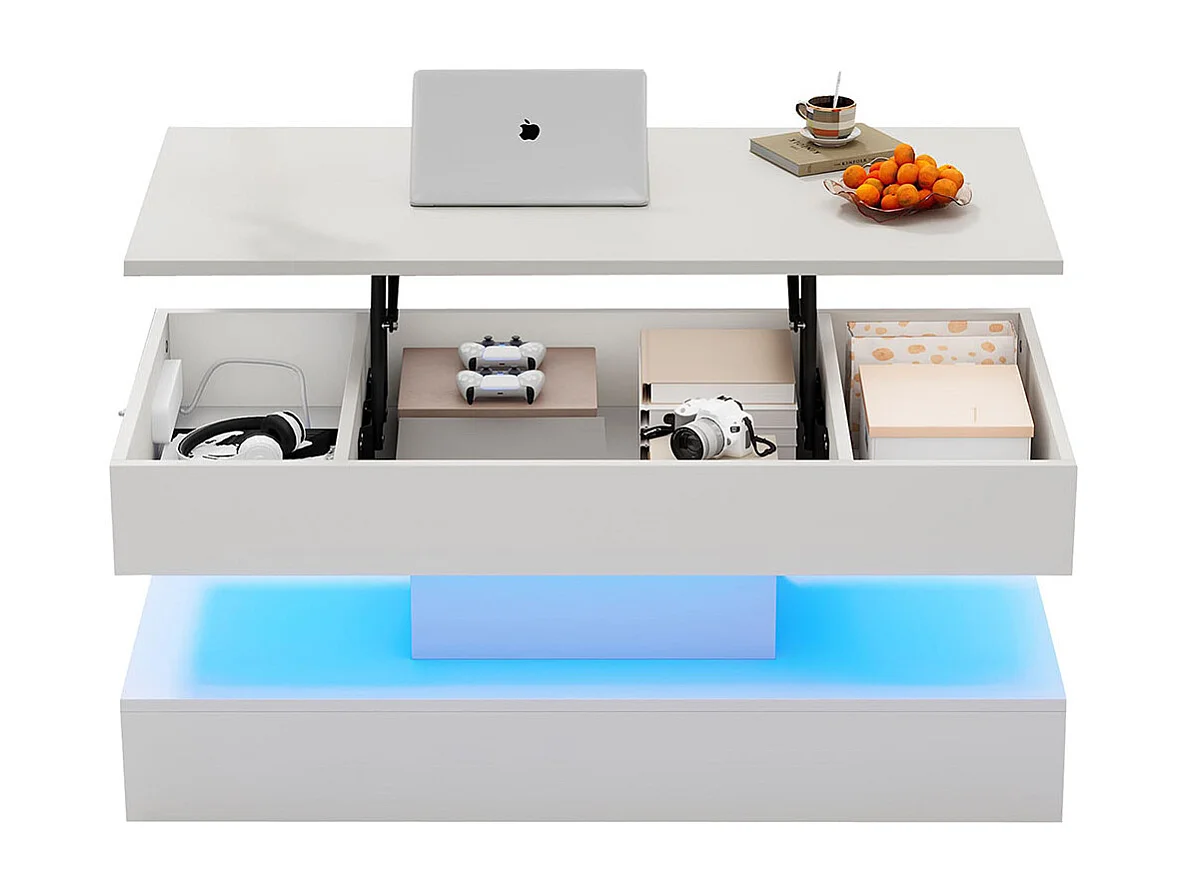 Table basse avec éclairage LED et espace de rangement moderne caché table d'appoint à élévation hydraulique