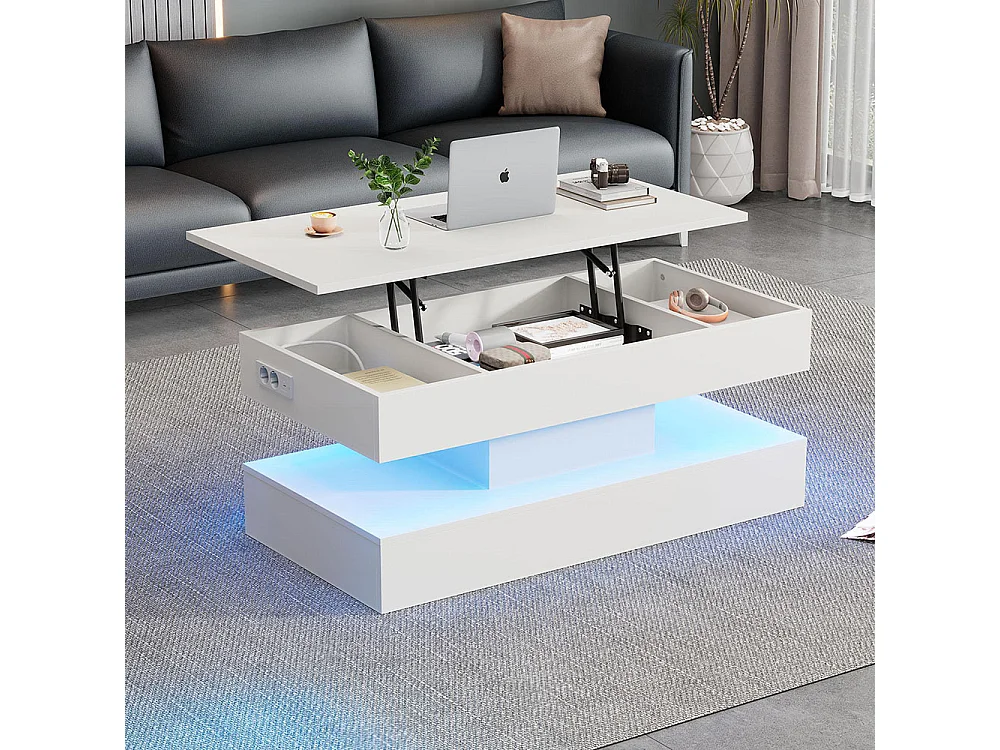 Table basse avec éclairage LED et espace de rangement moderne caché table d'appoint à élévation hydraulique