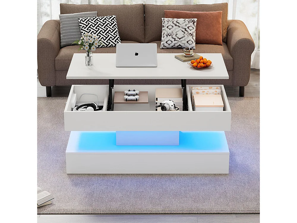 Table basse avec éclairage LED et espace de rangement moderne caché table d'appoint à élévation hydraulique