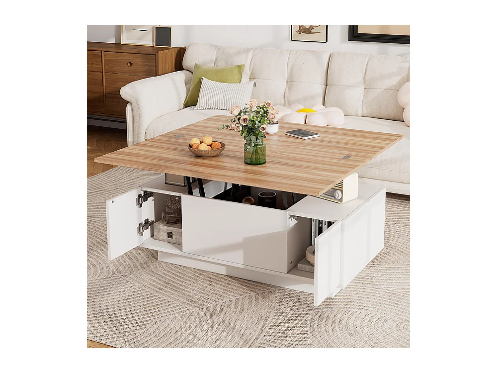 Table basse avec mécanisme de levage moderne double espace de rangement caché naturel+blanc