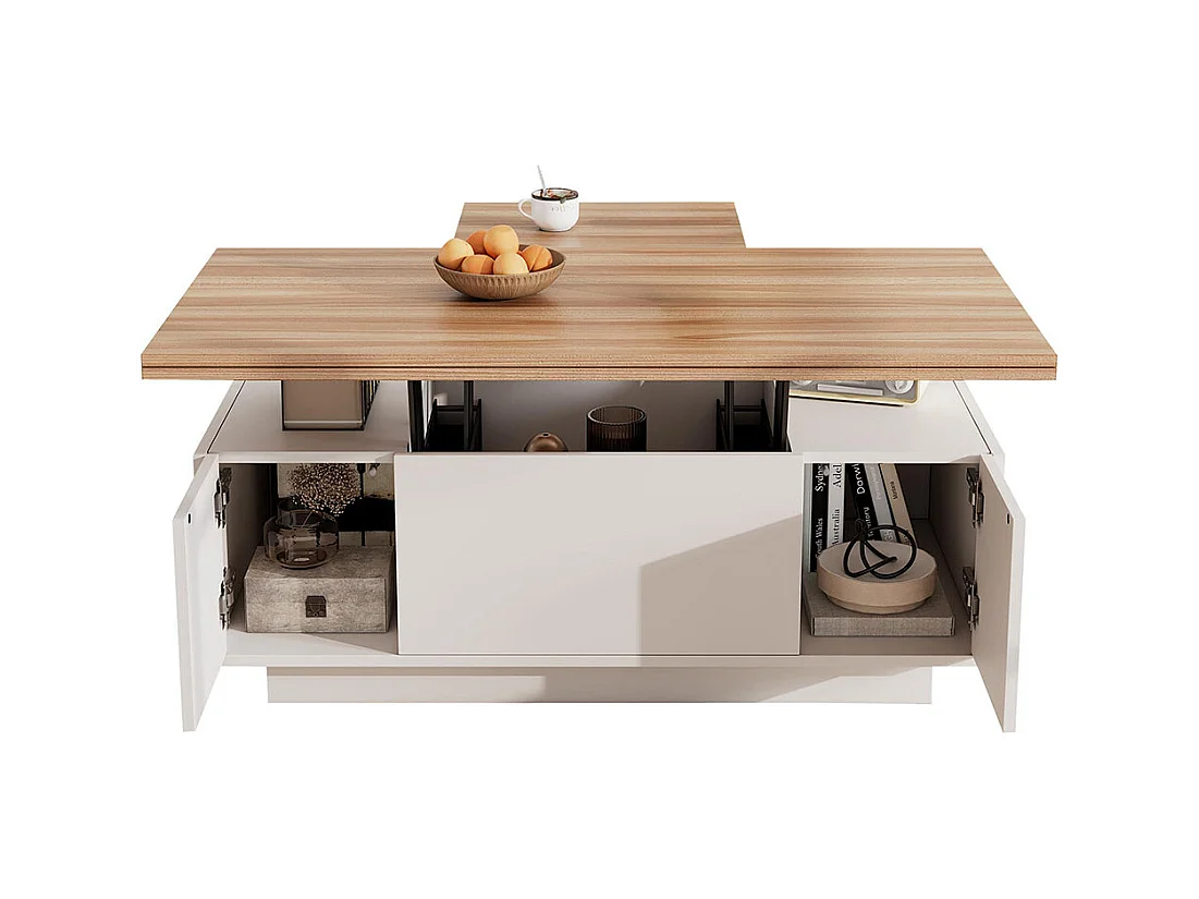 Table basse avec mécanisme de levage moderne double espace de rangement caché naturel+blanc