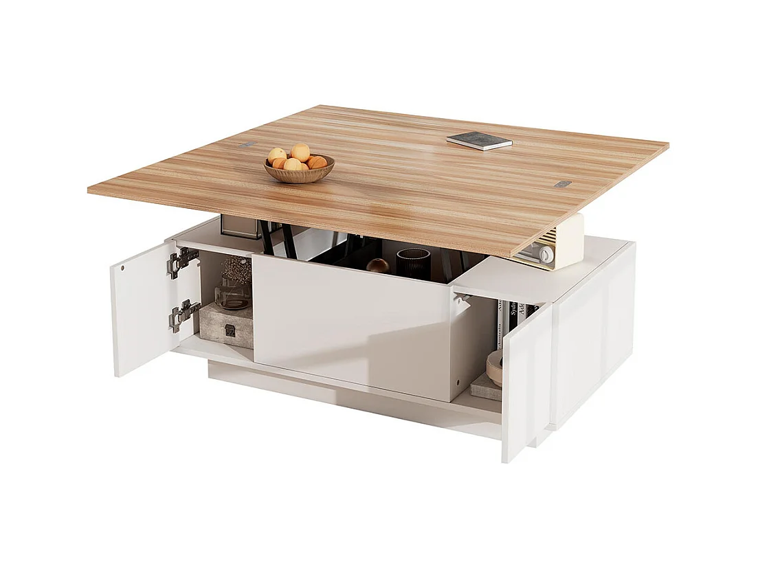 Table basse avec mécanisme de levage moderne double espace de rangement caché naturel+blanc