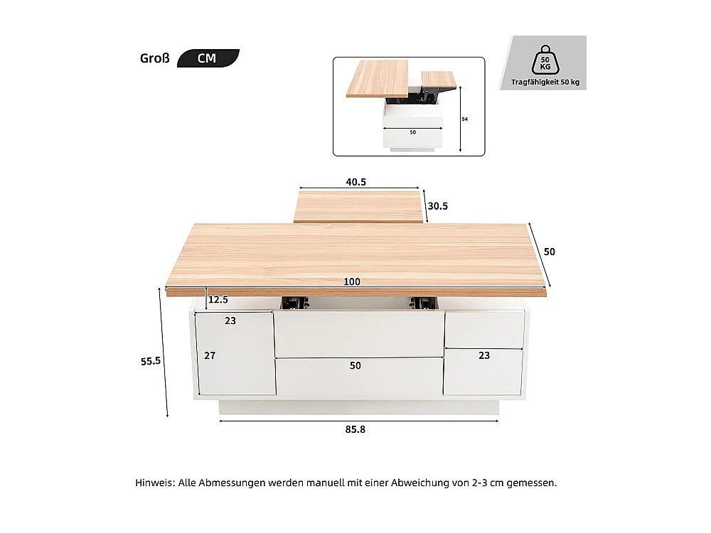 Table basse avec mécanisme de levage moderne double espace de rangement caché naturel+blanc