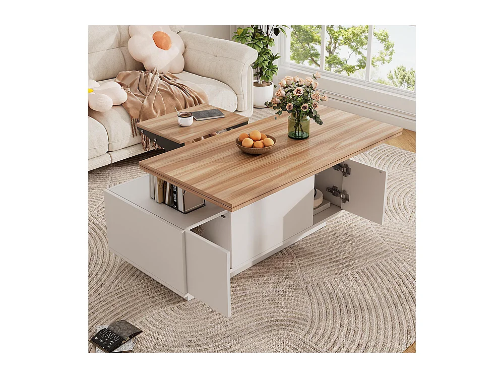 Table basse avec mécanisme de levage moderne double espace de rangement caché naturel+blanc