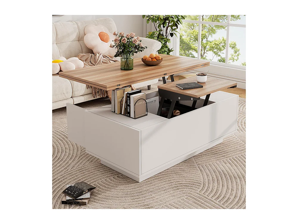 Table basse avec mécanisme de levage moderne double espace de rangement caché naturel+blanc