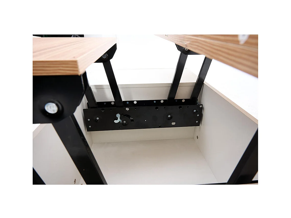 Table basse avec mécanisme de levage moderne double espace de rangement caché naturel+blanc