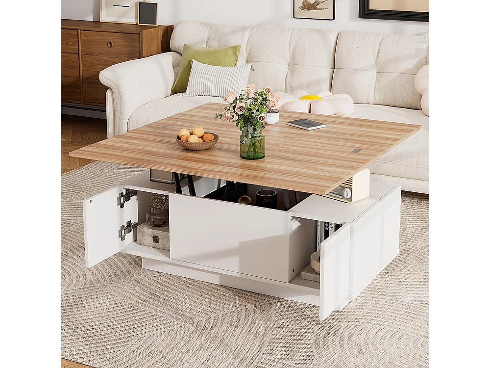 Table basse avec mécanisme de levage moderne double espace de rangement caché naturel+blanc