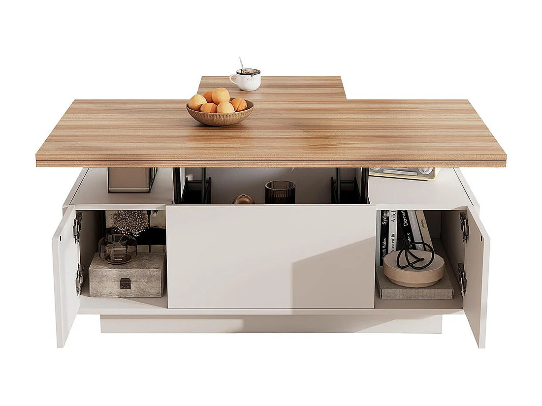 Table basse avec mécanisme de levage moderne double espace de rangement caché naturel+blanc