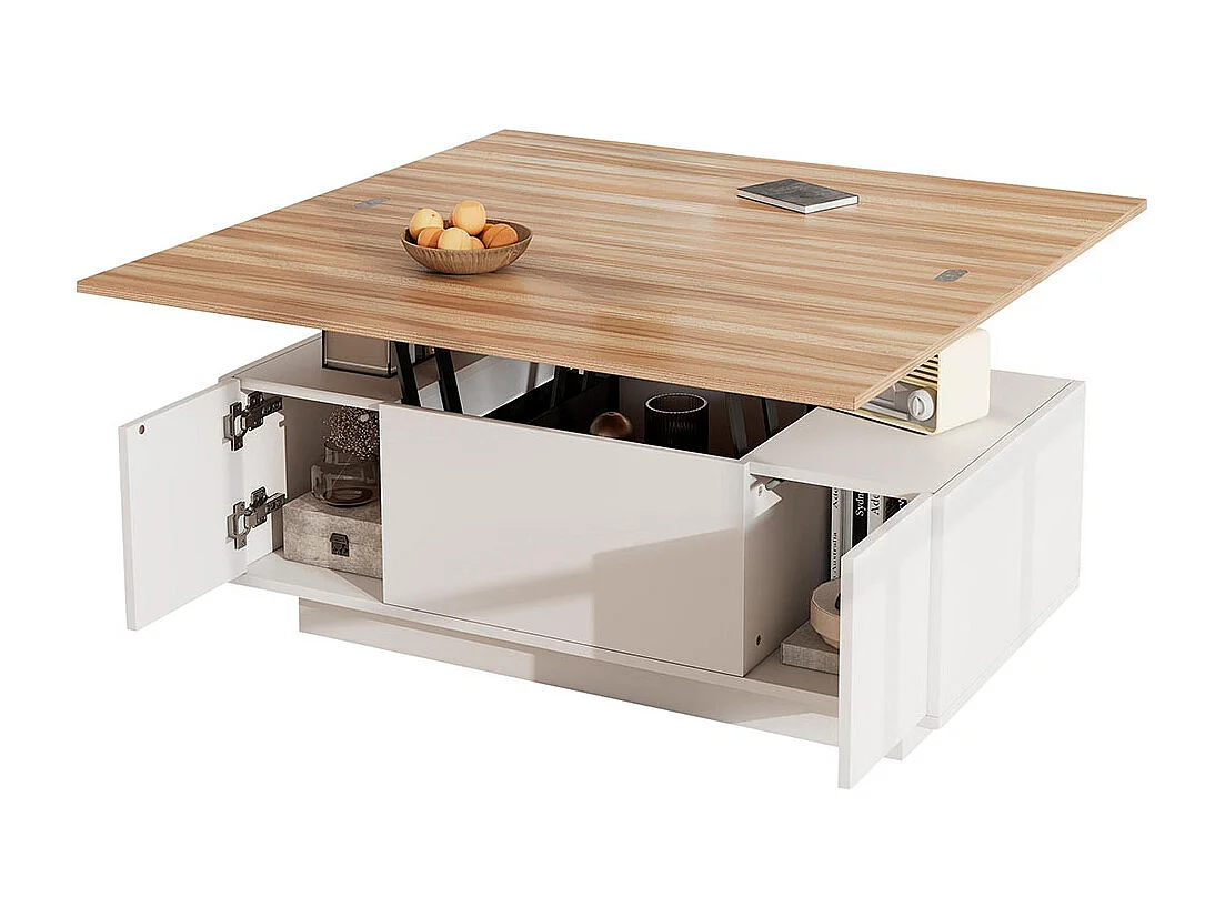 Table basse avec mécanisme de levage moderne double espace de rangement caché naturel+blanc