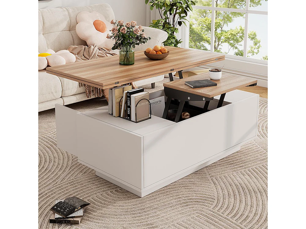 Table basse avec mécanisme de levage moderne double espace de rangement caché naturel+blanc