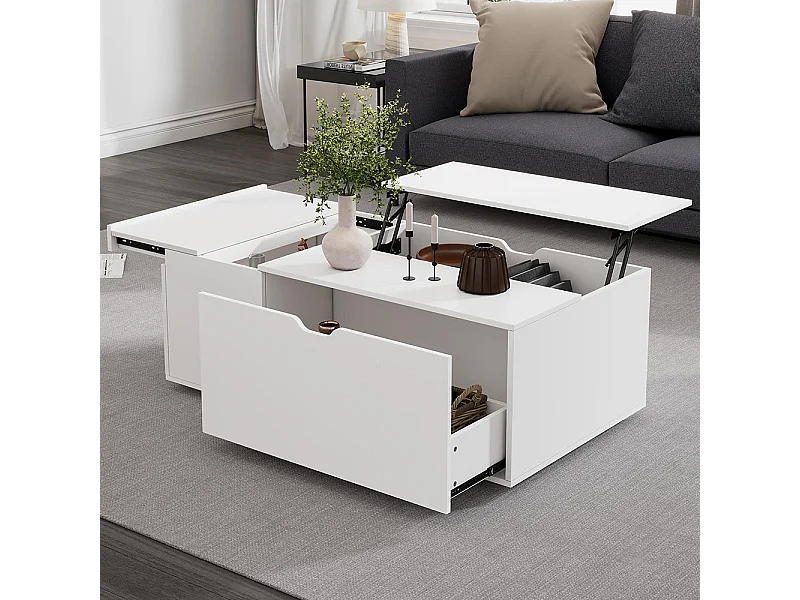 Table basse avec tiroirs et portes moderne multifonctionnelle coulissantes espace flexible blanc