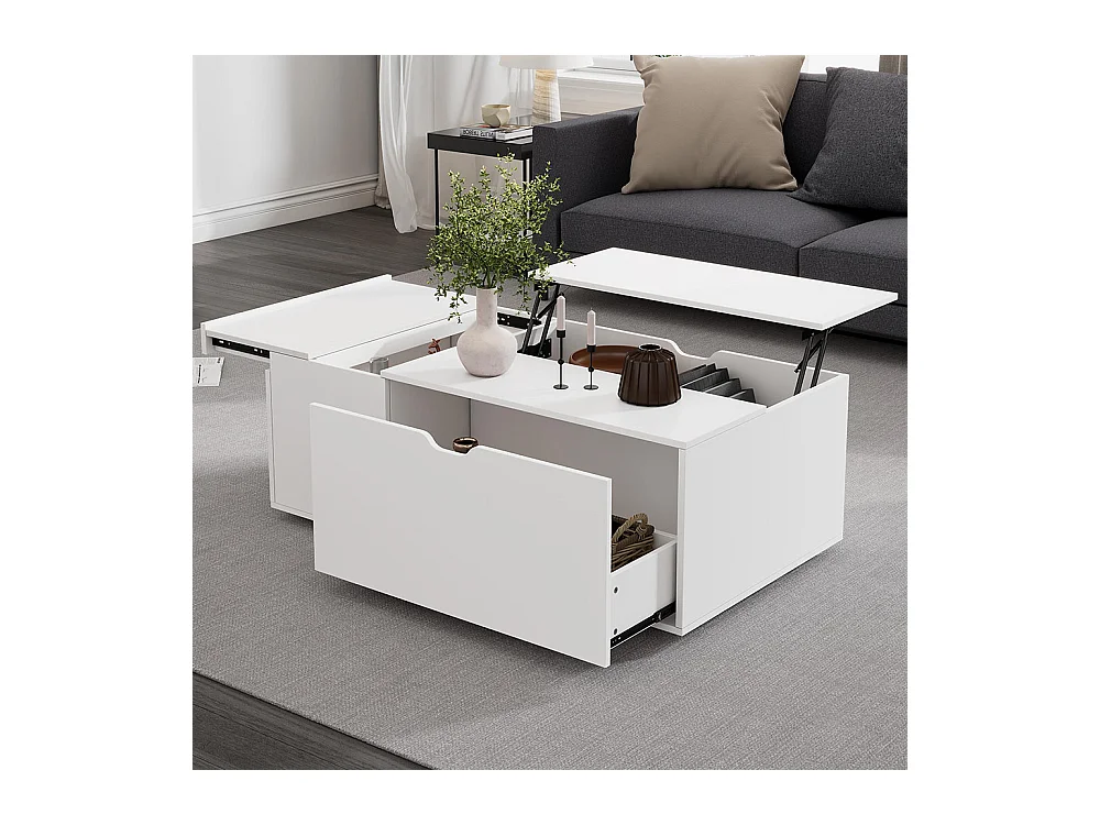 Table basse avec tiroirs et portes moderne multifonctionnelle coulissantes espace flexible blanc