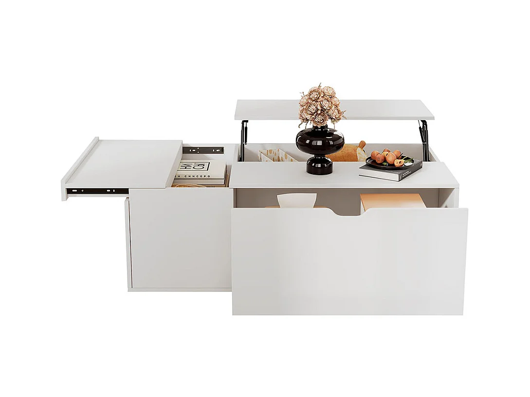Table basse avec tiroirs et portes moderne multifonctionnelle coulissantes espace flexible blanc