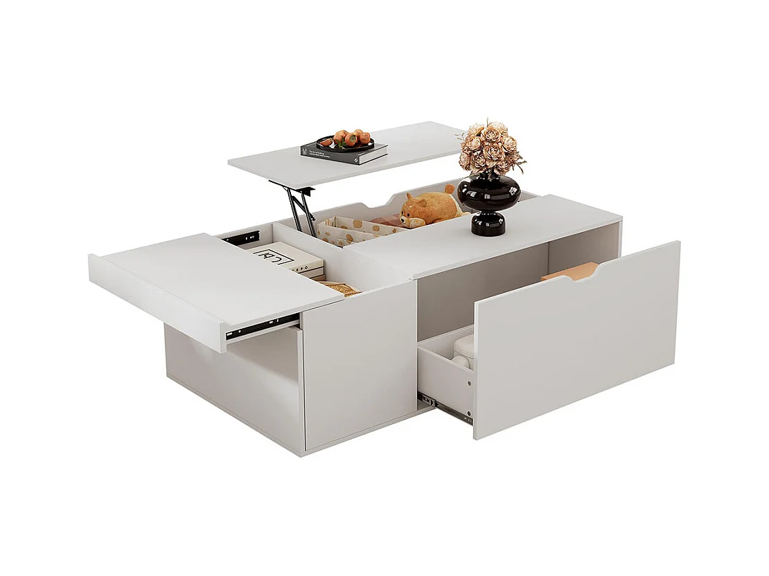 Table basse avec tiroirs et portes moderne multifonctionnelle coulissantes espace flexible blanc