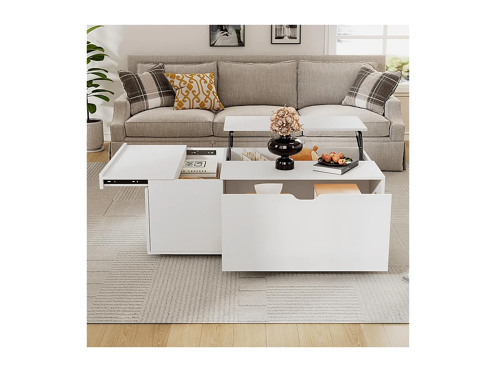 Table basse avec tiroirs et portes moderne multifonctionnelle coulissantes espace flexible blanc