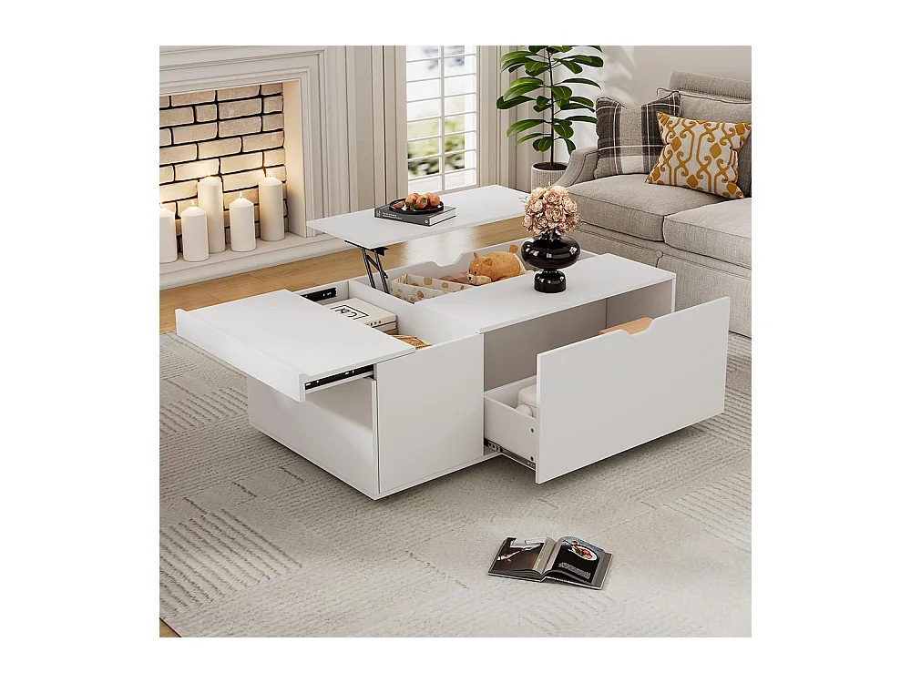 Table basse avec tiroirs et portes moderne multifonctionnelle coulissantes espace flexible blanc