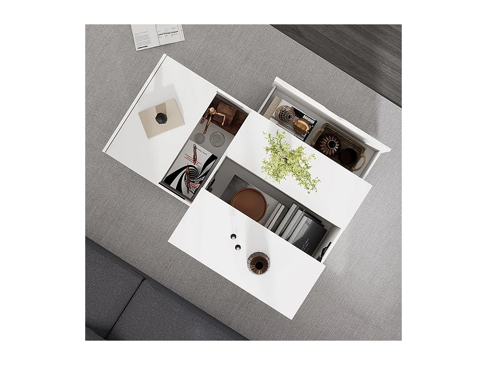 Table basse avec tiroirs et portes moderne multifonctionnelle coulissantes espace flexible blanc