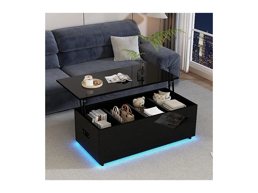 Table basse avec éclairage LED et espace de rangement moderne noire brillante caché table d'appoint avec élévation hydraulique