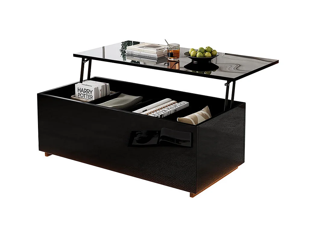 Table basse avec éclairage LED et espace de rangement moderne noire brillante caché table d'appoint avec élévation hydraulique