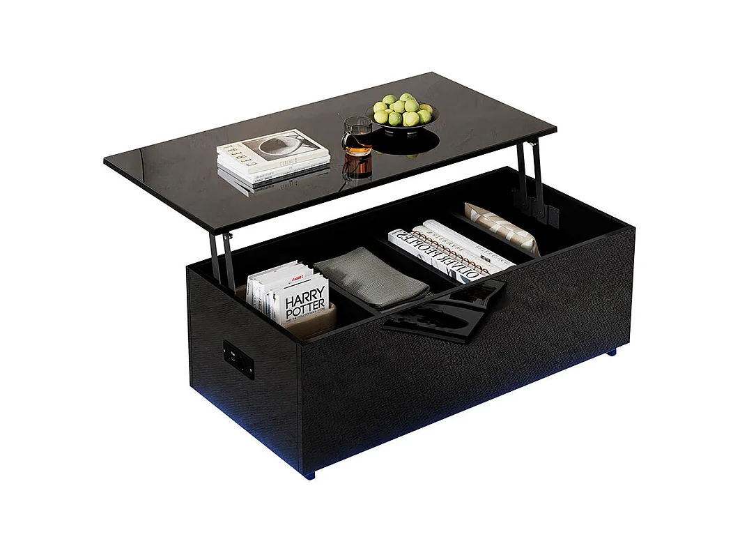 Table basse avec éclairage LED et espace de rangement moderne noire brillante caché table d'appoint avec élévation hydraulique