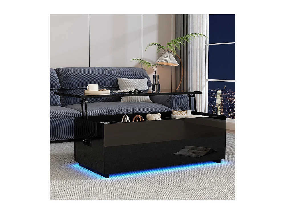 Table basse avec éclairage LED et espace de rangement moderne noire brillante caché table d'appoint avec élévation hydraulique