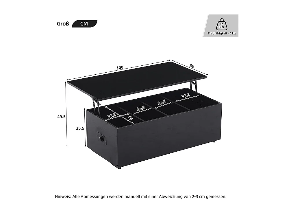 Table basse avec éclairage LED et espace de rangement moderne noire brillante caché table d'appoint avec élévation hydraulique