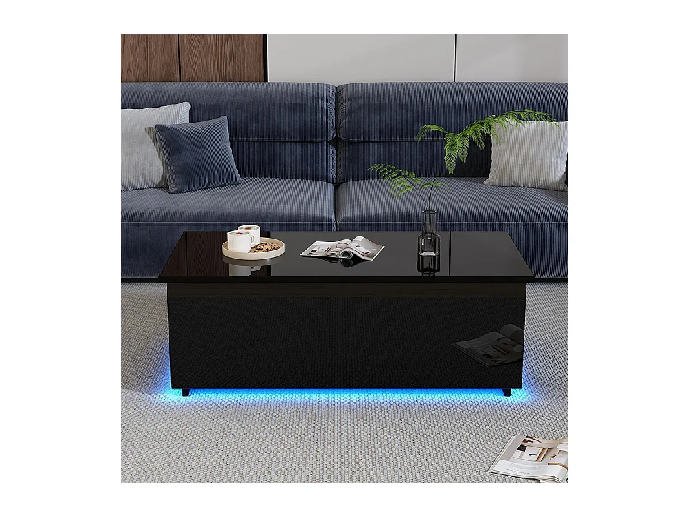 Table basse avec éclairage LED et espace de rangement moderne noire brillante caché table d'appoint avec élévation hydraulique