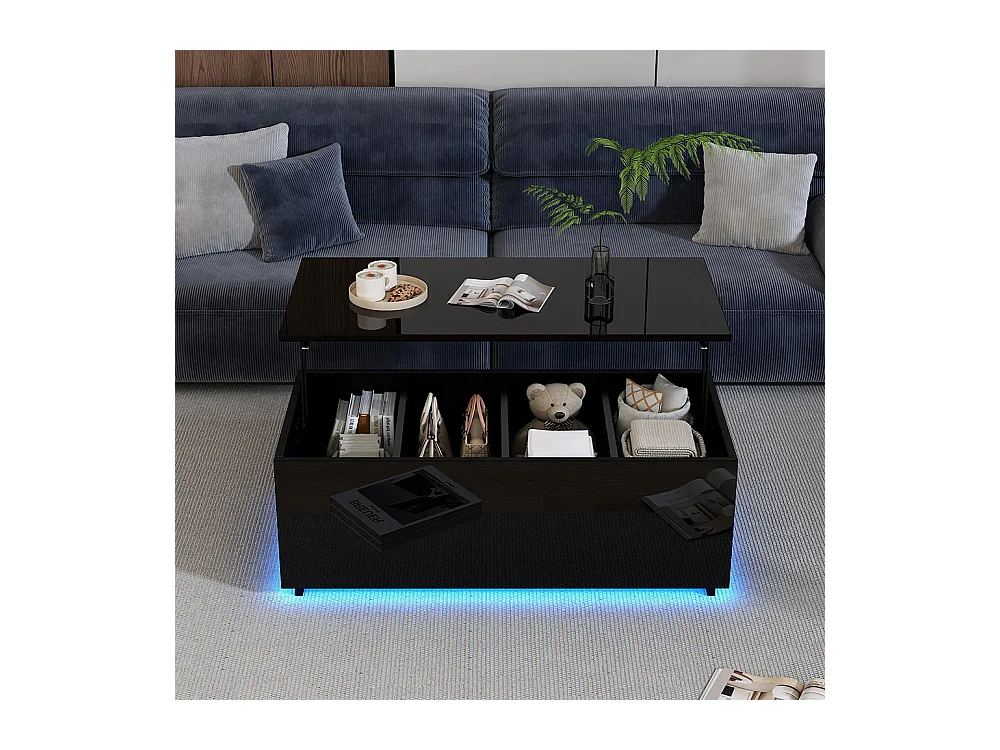Table basse avec éclairage LED et espace de rangement moderne noire brillante caché table d'appoint avec élévation hydraulique