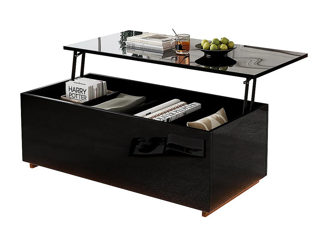 Table basse avec éclairage LED et espace de rangement moderne noire brillante caché table d'appoint avec élévation hydraulique
