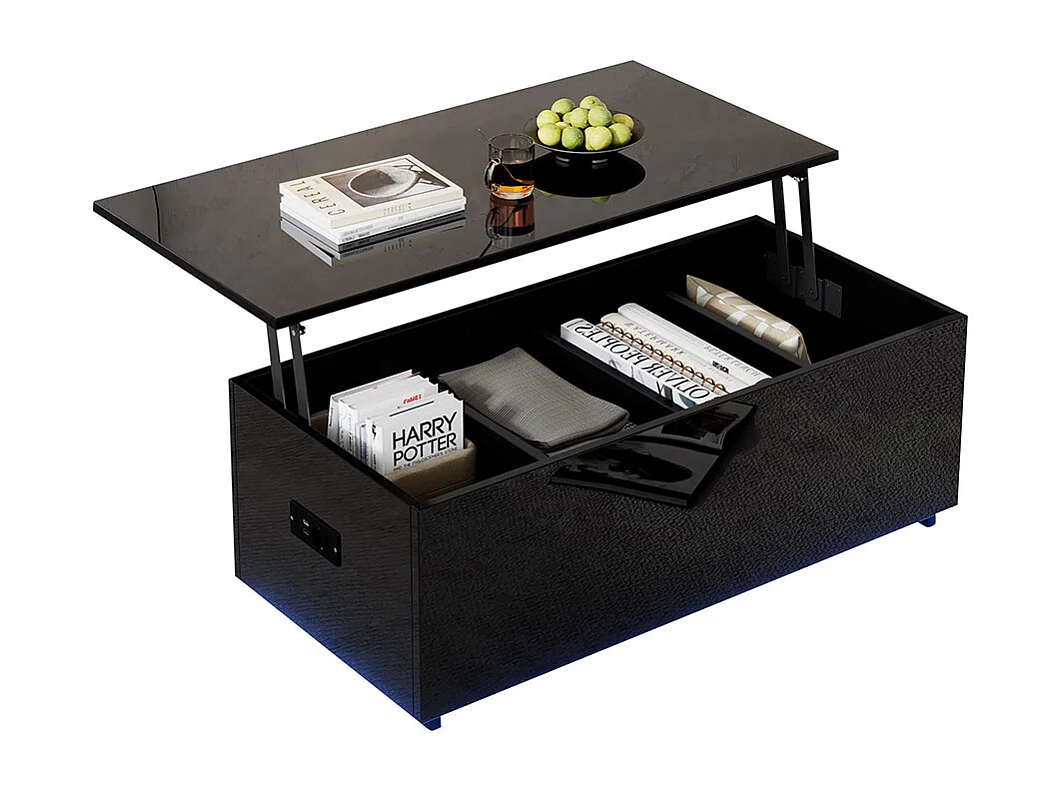 Table basse avec éclairage LED et espace de rangement moderne noire brillante caché table d'appoint avec élévation hydraulique
