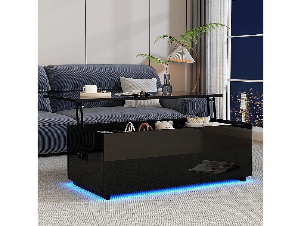 Table basse avec éclairage LED et espace de rangement moderne noire brillante caché table d'appoint avec élévation hydraulique