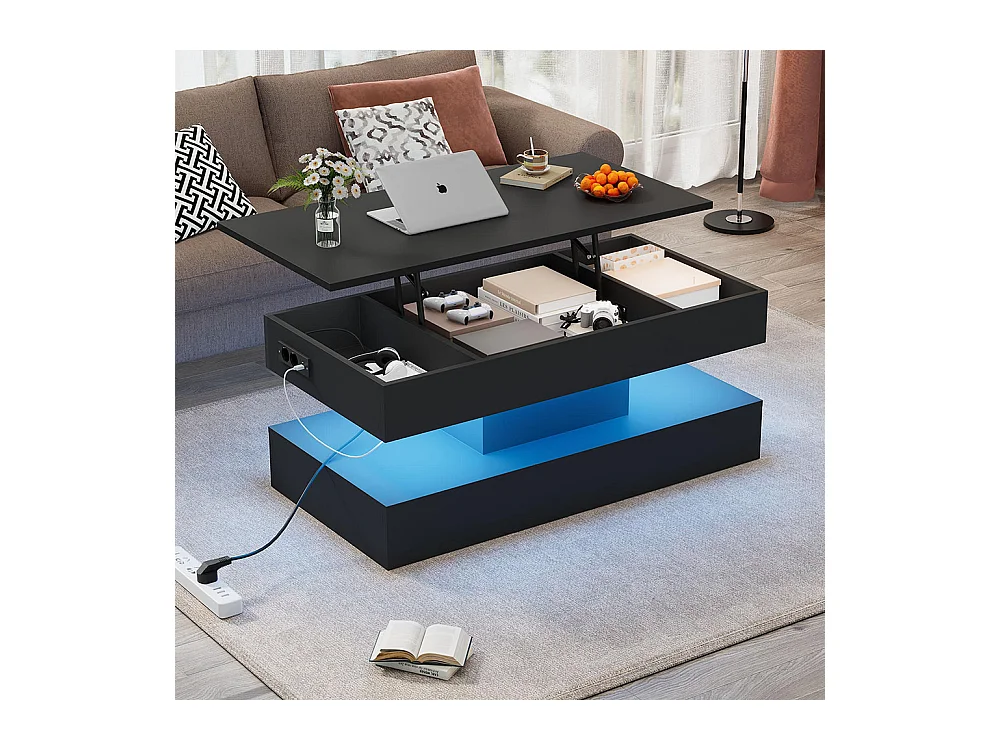 Table basse avec éclairage LED et espace de rangement moderne caché table d'appoint avec élévation hydraulique