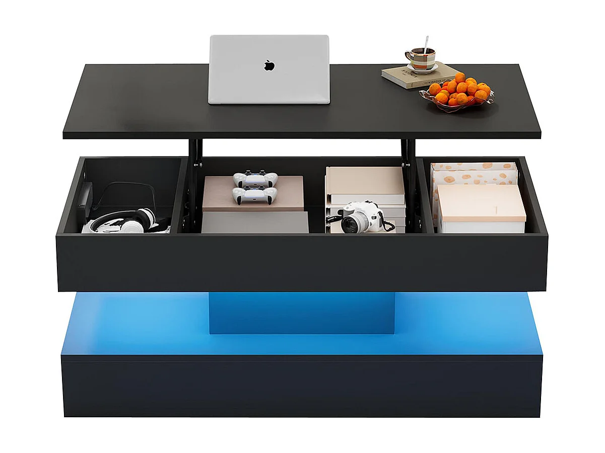 Table basse avec éclairage LED et espace de rangement moderne caché table d'appoint avec élévation hydraulique