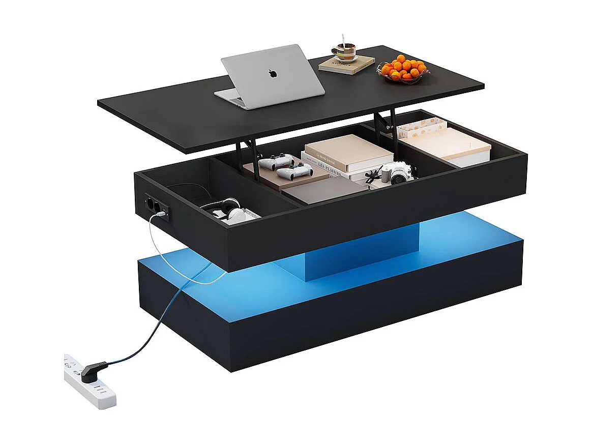 Table basse avec éclairage LED et espace de rangement moderne caché table d'appoint avec élévation hydraulique