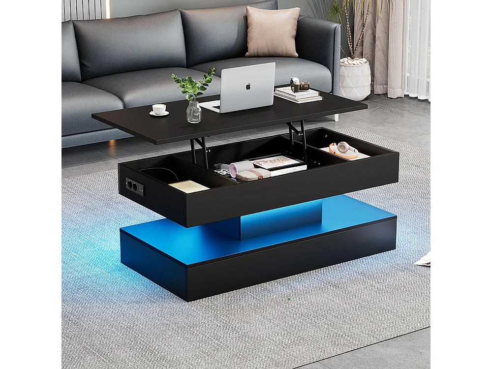 Table basse avec éclairage LED et espace de rangement moderne caché table d'appoint avec élévation hydraulique