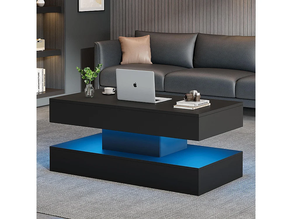 Table basse avec éclairage LED et espace de rangement moderne caché table d'appoint avec élévation hydraulique