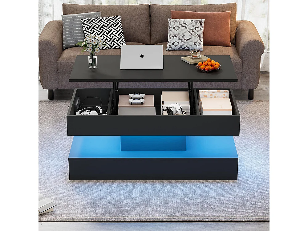 Table basse avec éclairage LED et espace de rangement moderne caché table d'appoint avec élévation hydraulique
