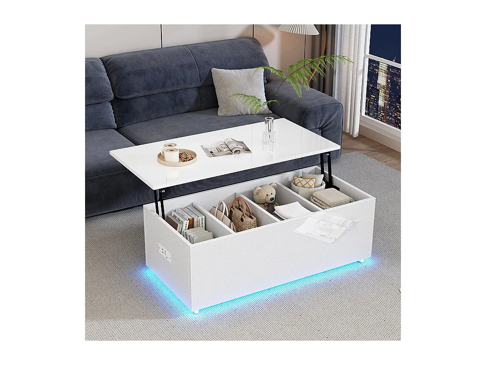 Table basse avec éclairage LED et espace de rangement moderne blanche brillante caché table d'appoint avec élévation hydraulique