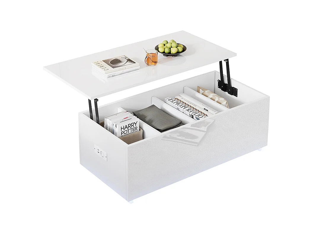 Table basse avec éclairage LED et espace de rangement moderne blanche brillante caché table d'appoint avec élévation hydraulique