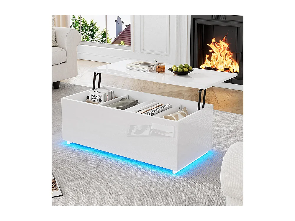 Table basse avec éclairage LED et espace de rangement moderne blanche brillante caché table d'appoint avec élévation hydraulique