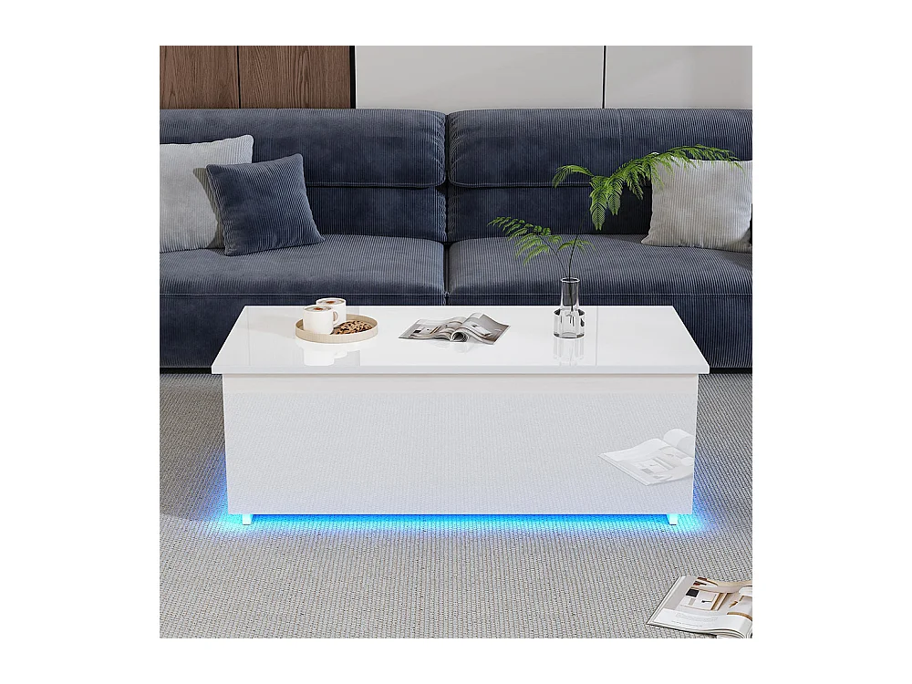 Table basse avec éclairage LED et espace de rangement moderne blanche brillante caché table d'appoint avec élévation hydraulique