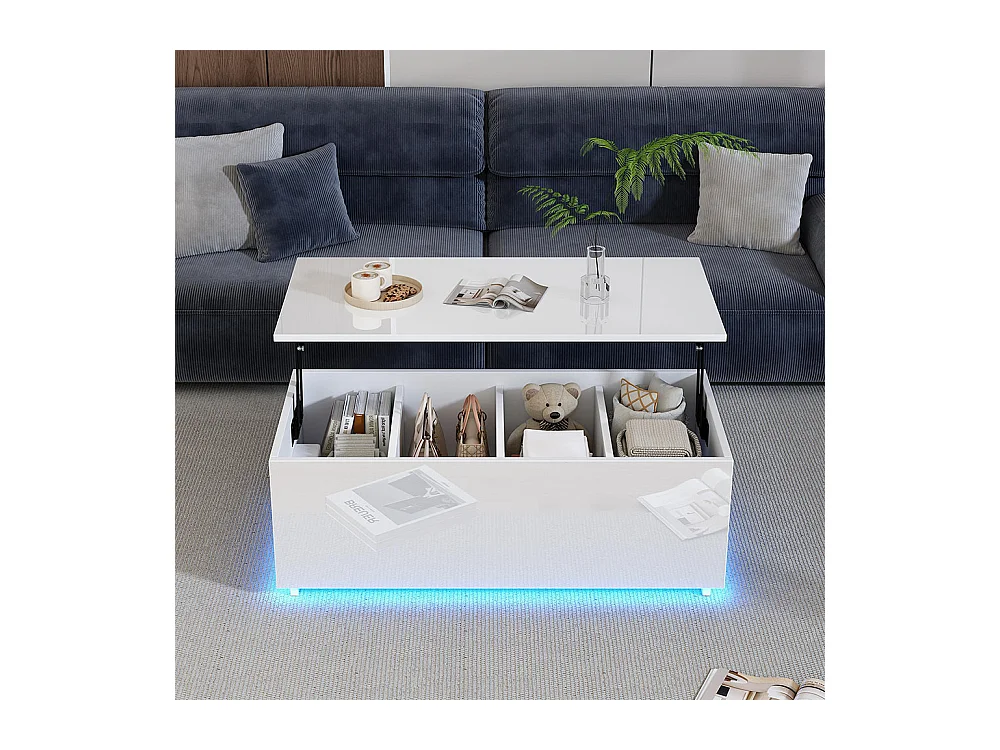 Table basse avec éclairage LED et espace de rangement moderne blanche brillante caché table d'appoint avec élévation hydraulique
