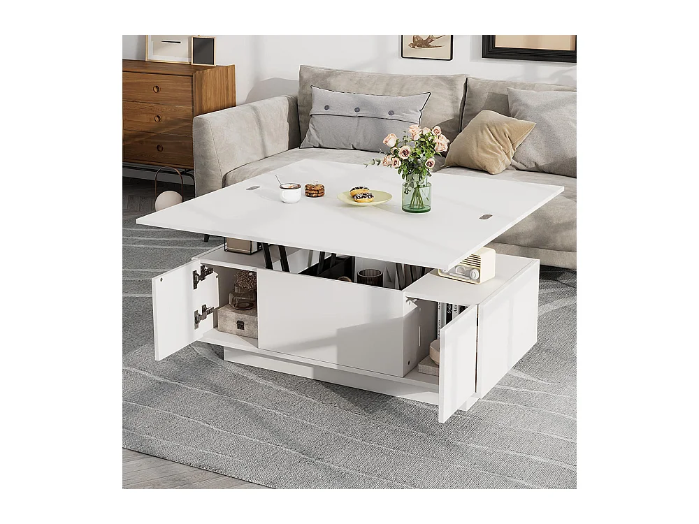 Table basse avec mécanisme de levage moderne double espace de rangement caché blanc